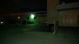 We took the pictures at night to make it look extra creepy. The entrance is down the ramp, below what used to be a freight elevator shaft in the 1940's.