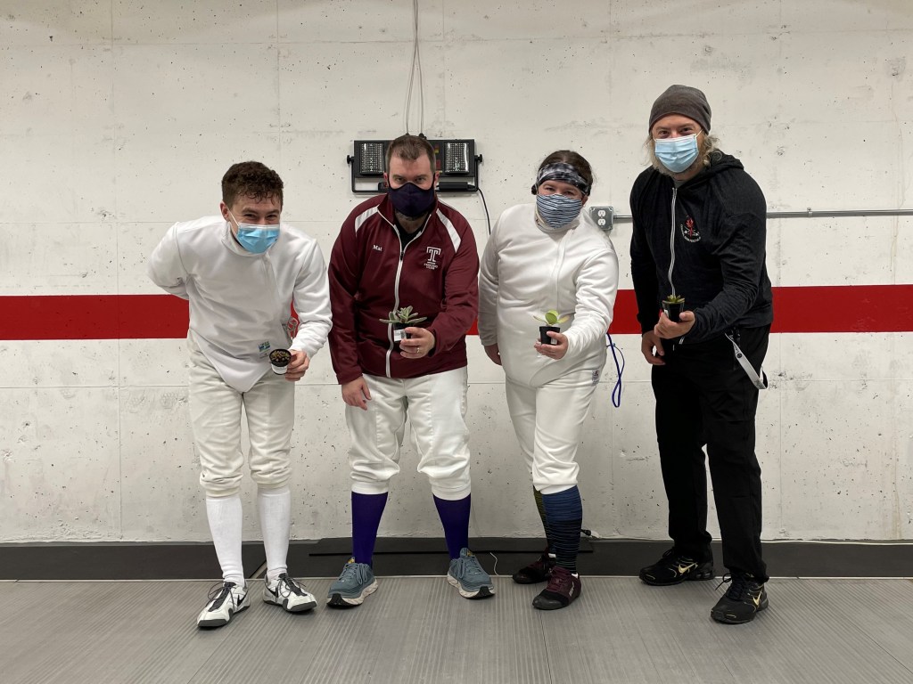 D & Under Mixed Epee Top 4: Ben (1st), Mat (2nd), Anna (3rd), Eric (3rd), standing together holding their succulents